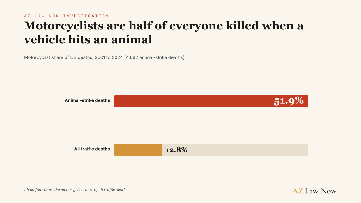 Motorcyclists were 51.9 percent of US animal-strike deaths from 2001 through 2024, against 12.8 percent of all traffic deaths, about four times their share.