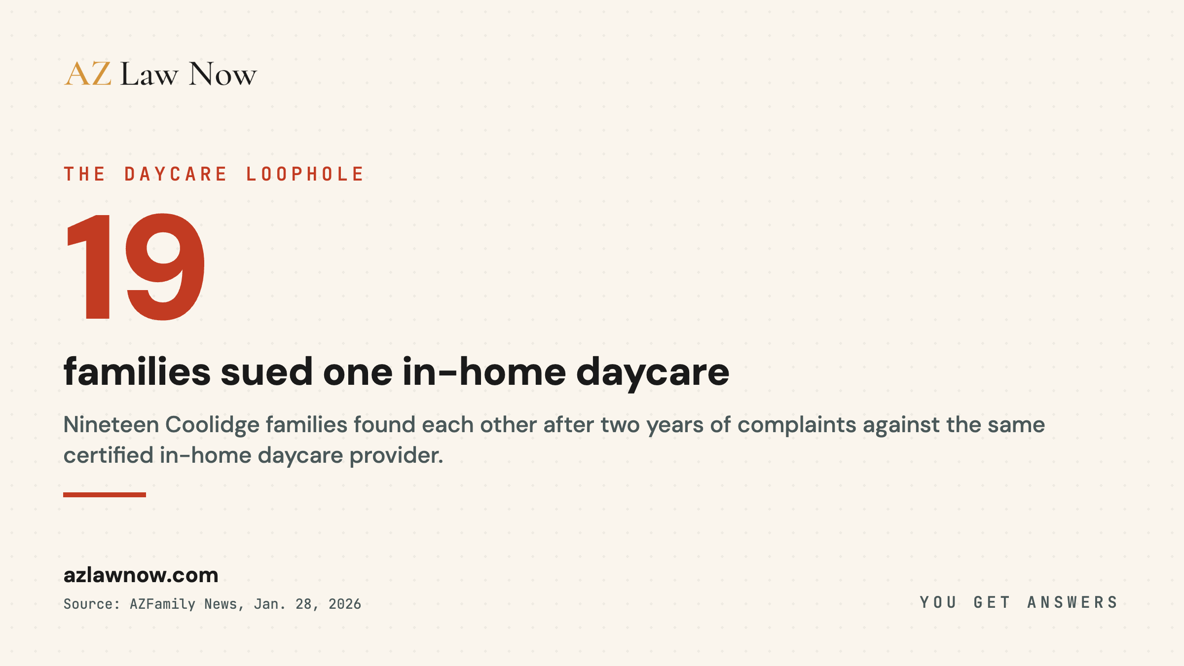 19 Coolidge families filed a civil suit against an in-home daycare operator over allegations of neglect and emotional abuse spanning roughly two years before the case went public