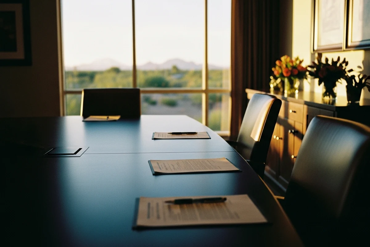 Settlement conference room at golden hour