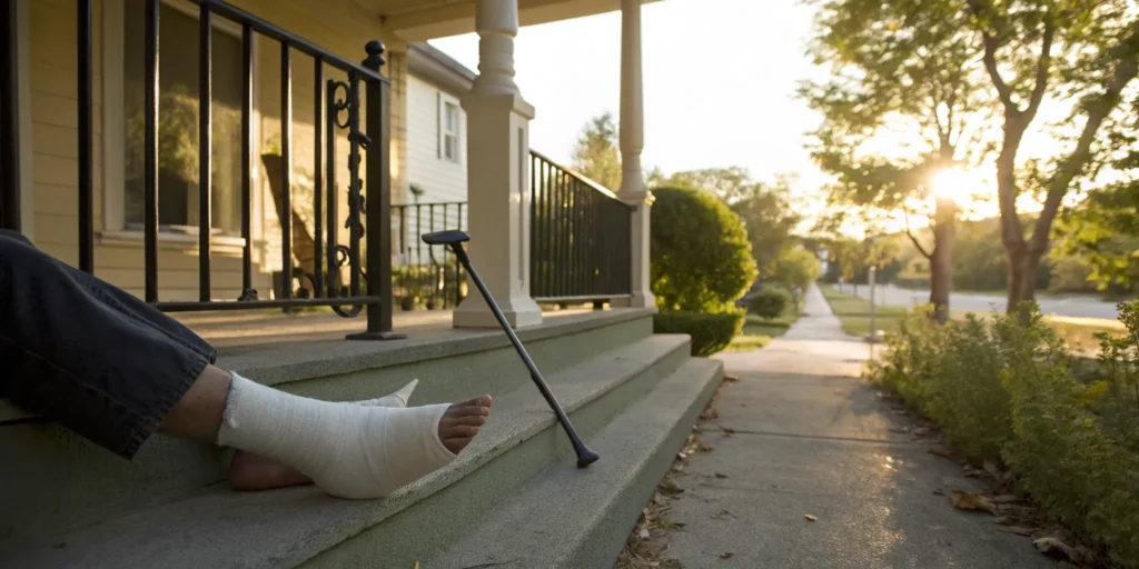 Person with leg cast and cane after slip and fall accident.