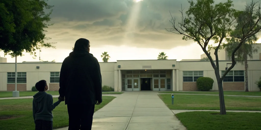 Parent and child outside Buckeye, AZ school.