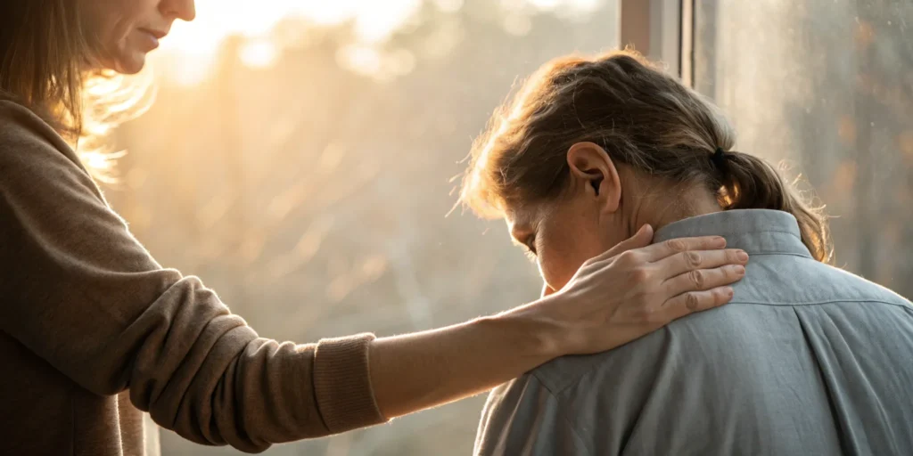 Comforting hand on shoulder offering support to sexual abuse survivor. Buckeye, AZ legal help available.