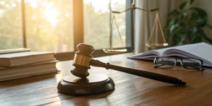 Arizona bad faith insurance attorney's desk with legal documents, scales of justice, and gavel.