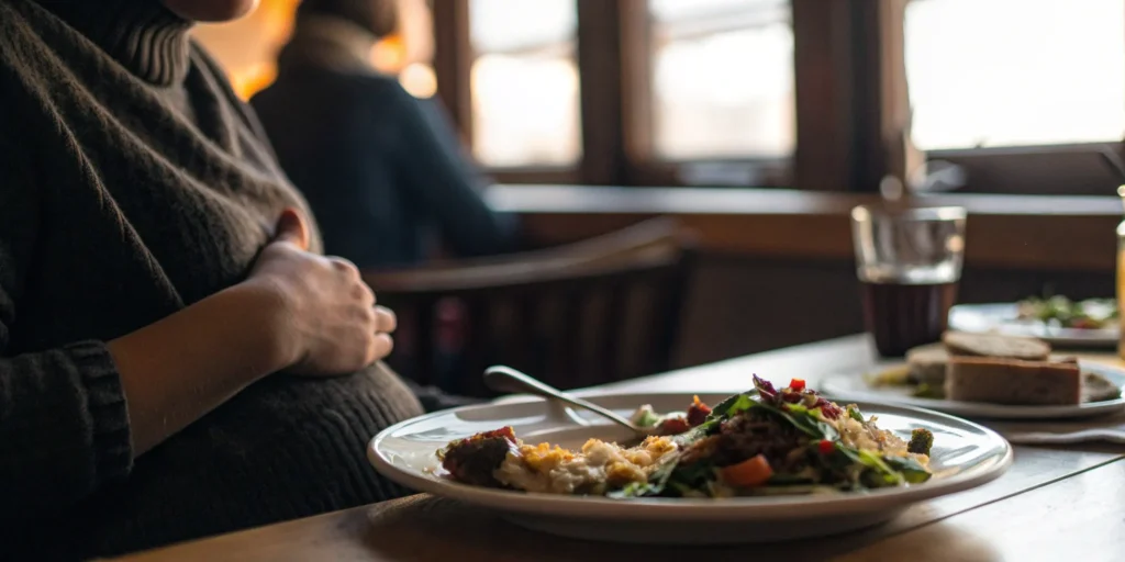 Allergic reaction sufferer clutching stomach in restaurant.