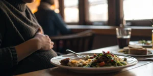 Allergic reaction sufferer clutching stomach in restaurant.
