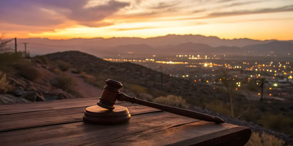 Gavel on table overlooking city.