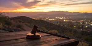 Gavel on table overlooking city.
