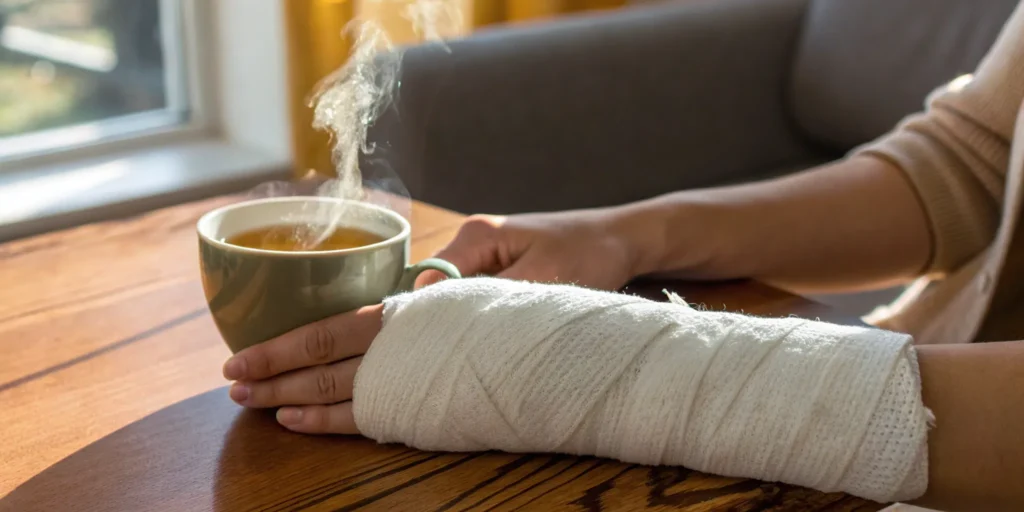 Bandaged hand holding tea after a level 3 dog bite.
