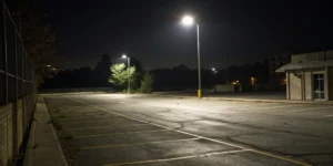 Dimly lit parking lot posing security risks.