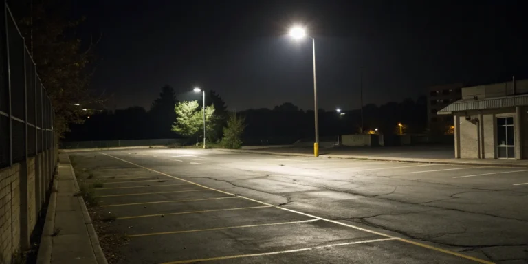 Dimly lit parking lot posing security risks.