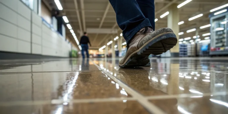 Wet floor hazard in a store.