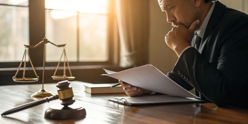 Bad faith attorney reviewing documents.