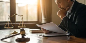 Bad faith attorney reviewing documents.