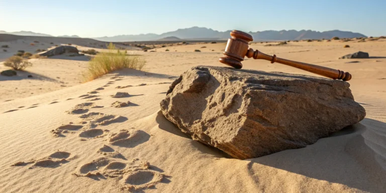 Dog bite settlement. Gavel and paw print in desert sand.