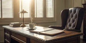 Injury lawyer's workspace with legal books and notepad.