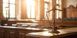 Scales of justice symbolize slip and fall injury settlement amounts.