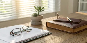 Law book, pen, and eyeglasses on desk.
