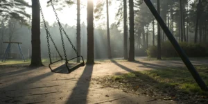 Empty swingset in sunlit playground.