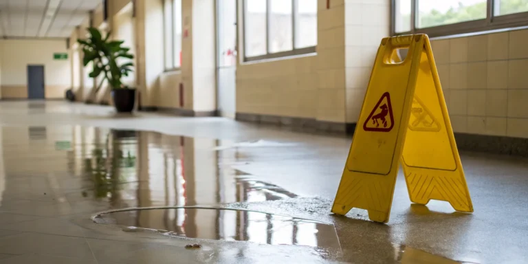 Yellow caution sign on wet floor.