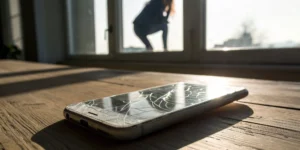 A cracked smartphone as an example of a defective product requiring a liability attorney.