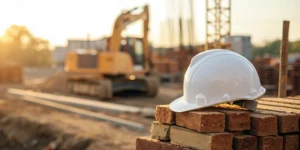 A white construction hard hat on bricks, a focus of a construction injury claim.
