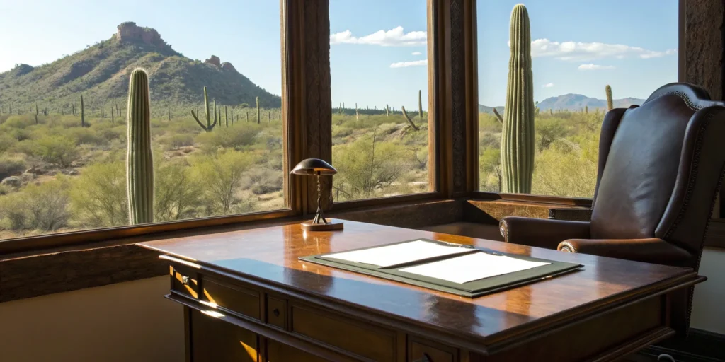 A Tempe injury lawyer's office with a desk and chair, ready for a client consultation.