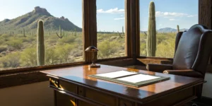 A Tempe injury lawyer's office with a desk and chair, ready for a client consultation.