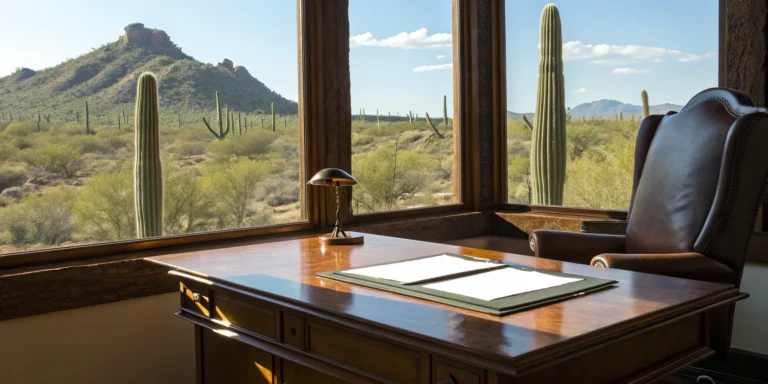 A Tempe injury lawyer's office with a desk and chair, ready for a client consultation.