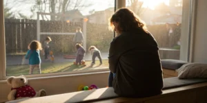 A concerned parent watches their child at daycare, worried about safety and negligence.