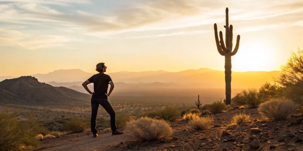 Phoenix personal injury attorney standing confidently in the Arizona desert at sunset.