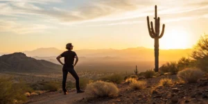 Phoenix personal injury attorney standing confidently in the Arizona desert at sunset.