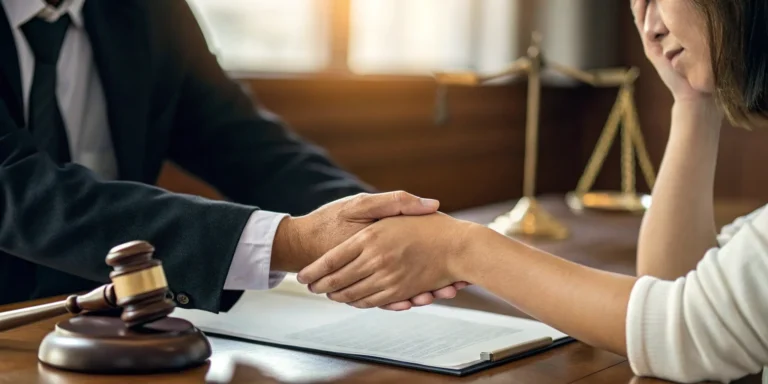 Phoenix car accident lawyer shaking hands with a client over a desk with legal documents.