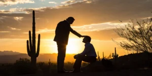 An Arizona accident attorney provides comfort and guidance to a man in the desert.