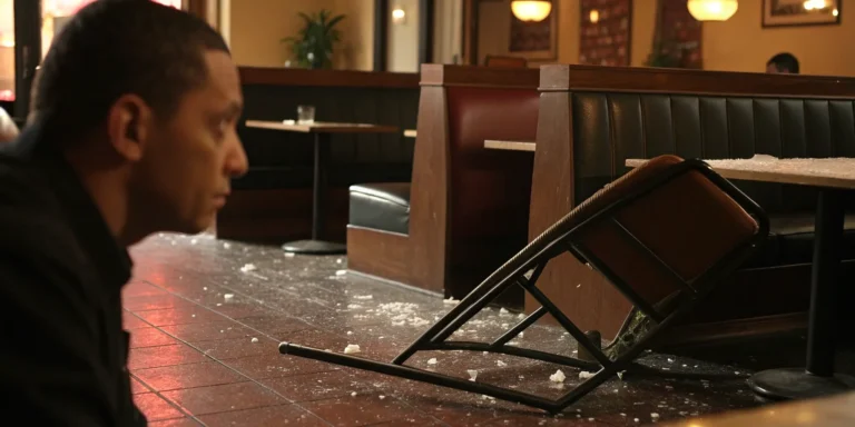 A fallen chair and debris on a restaurant floor, a clear sign of negligence and a reason to sue.