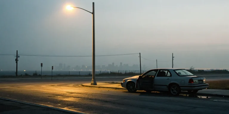 Lone car on a dark street after a crash, highlighting what happens to uninsured drivers in an accident.