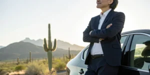 A Phoenix Uber accident attorney standing beside a car, ready to help with your case.