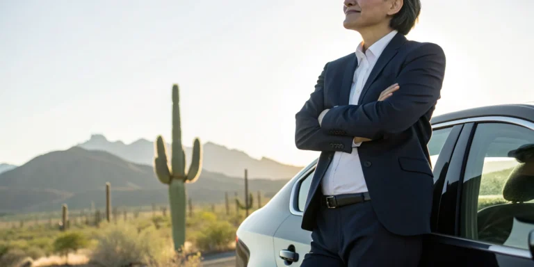 A Phoenix Uber accident attorney standing beside a car, ready to help with your case.