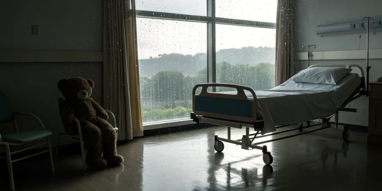 Quiet hospital room with an empty bed and teddy bear, a reminder of the hidden symptoms of car accident trauma.