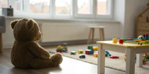 A lone teddy bear on a daycare floor, a sign of the negligence that may lead you to sue.