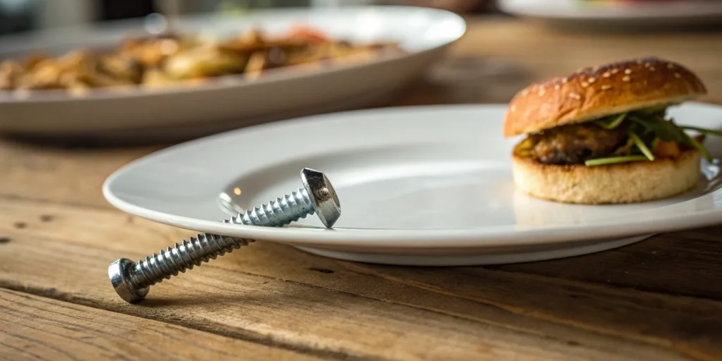 A metal screw in a burger, a reason you can sue a food company for a foreign object in food.