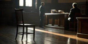 A drunk driving victim attorney sits in a courtroom ready to argue a case.