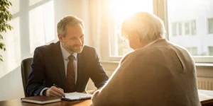 Assisted living facility abuse lawyer discussing a case with an elderly client.