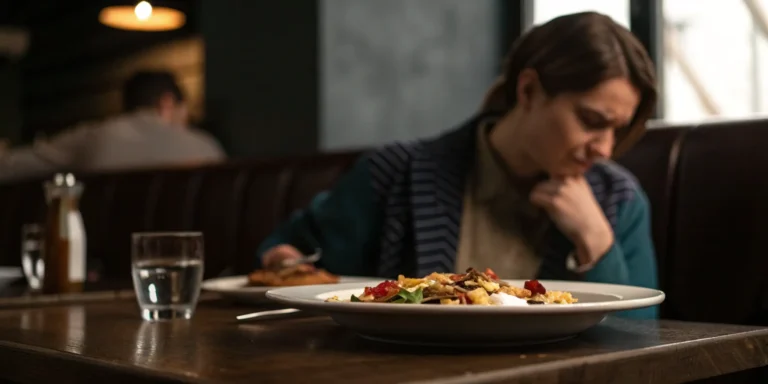 Woman with restaurant food poisoning thinking about how much money she can get from suing.