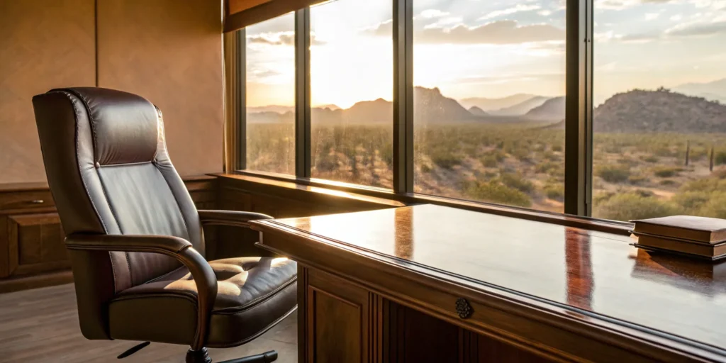 Arizona personal injury attorneys office with an executive desk overlooking the desert.