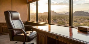 Arizona personal injury attorneys office with an executive desk overlooking the desert.