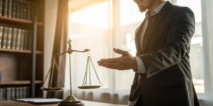 A Phoenix accident lawyer in his law office with scales of justice.