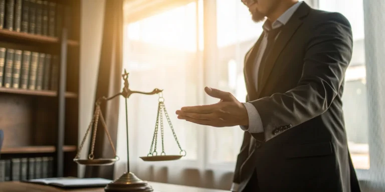 A Phoenix accident lawyer in his law office with scales of justice.