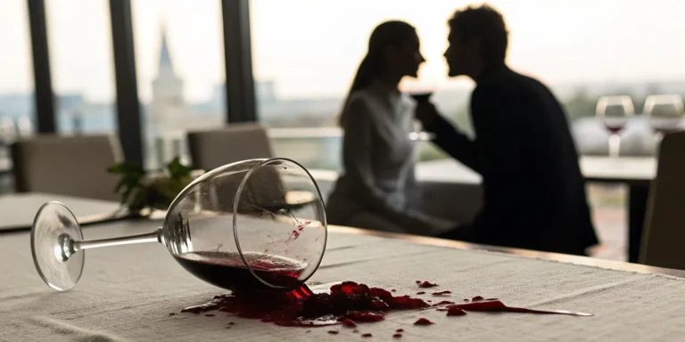 Spilled wine on a restaurant table, a common incident in a restaurant negligence case.