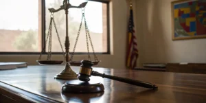 A gavel and scales of justice used in a premises liability vs. negligence case.