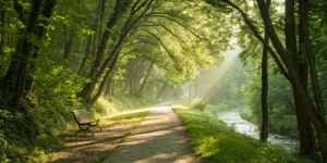 Sunlit forest path showing the road to recovery from the psychological effects of car accidents.